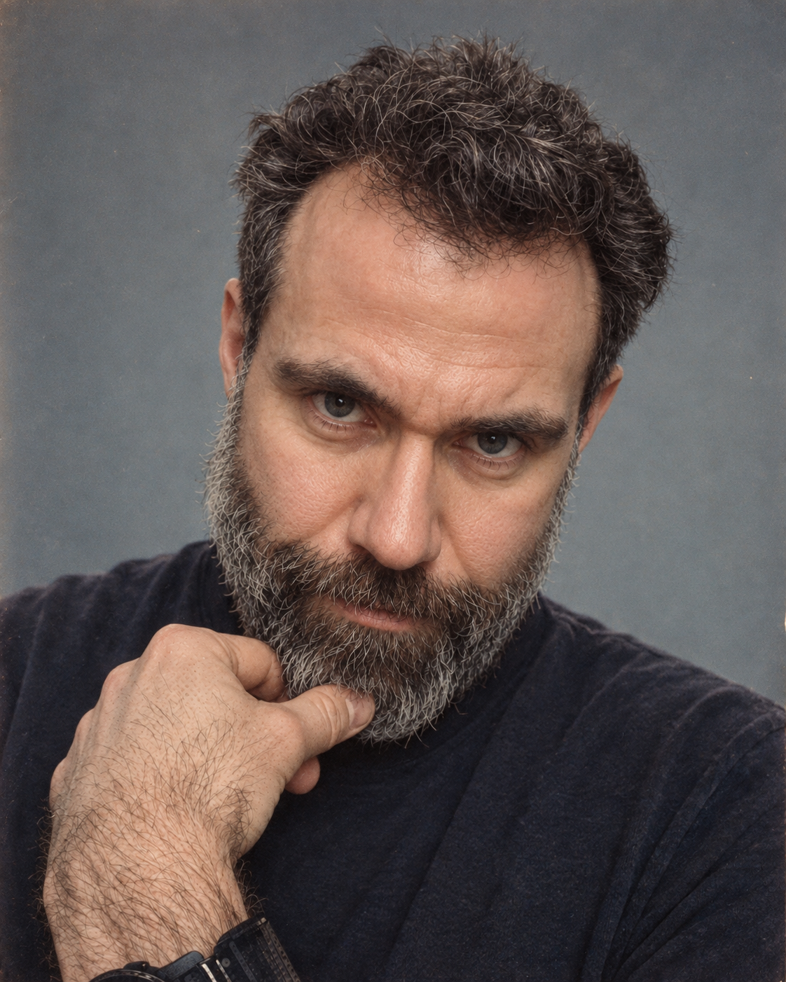 Jason pinching his beard with an intense expression, in a faded photographic portrait